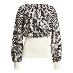 OPEN EDIT Black and Cream Print Sweater Dolman Sleeve Open Back‎ with Tie, XXS